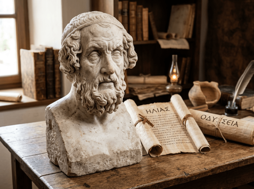 Marble bust of Homer with ancient Greek scrolls and writing tools on wooden table